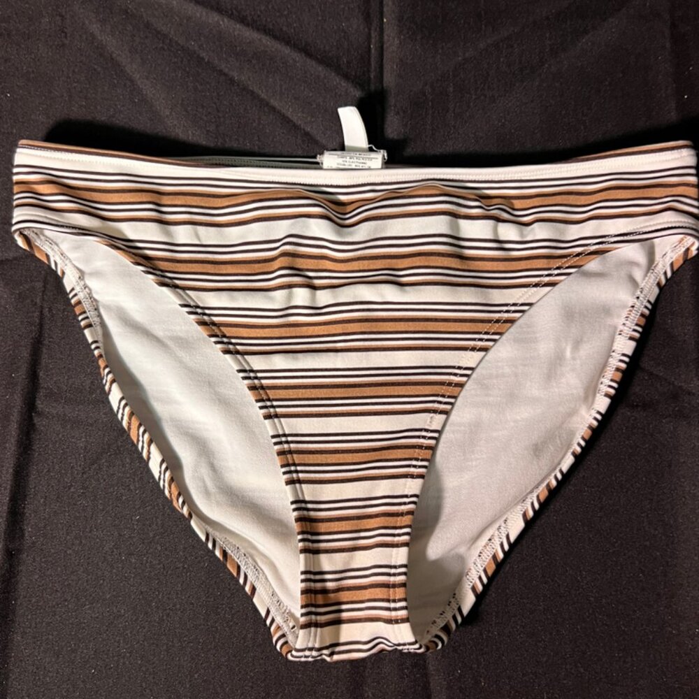 Michael Kors Women 10 Brown Tan‎ Cream Striped Swim Brief Bikini Bottom Beach